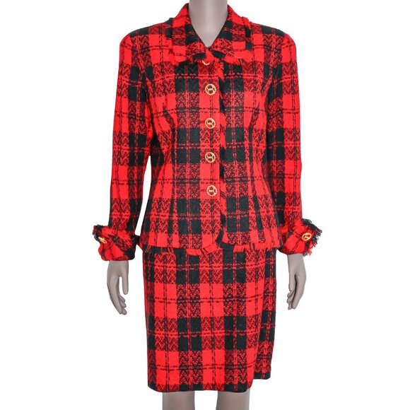 Vintage 80s Red Black Plaid Skirt Suit Matching Set Formal Evening Work Office - Picture 1 of 7